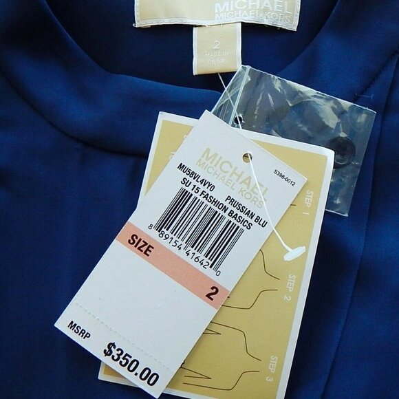 MICHAEL KORS Prussian Blue 100% Silk Pleated Front Shirt Dress New NWT 2 - Picture 8 of 8
